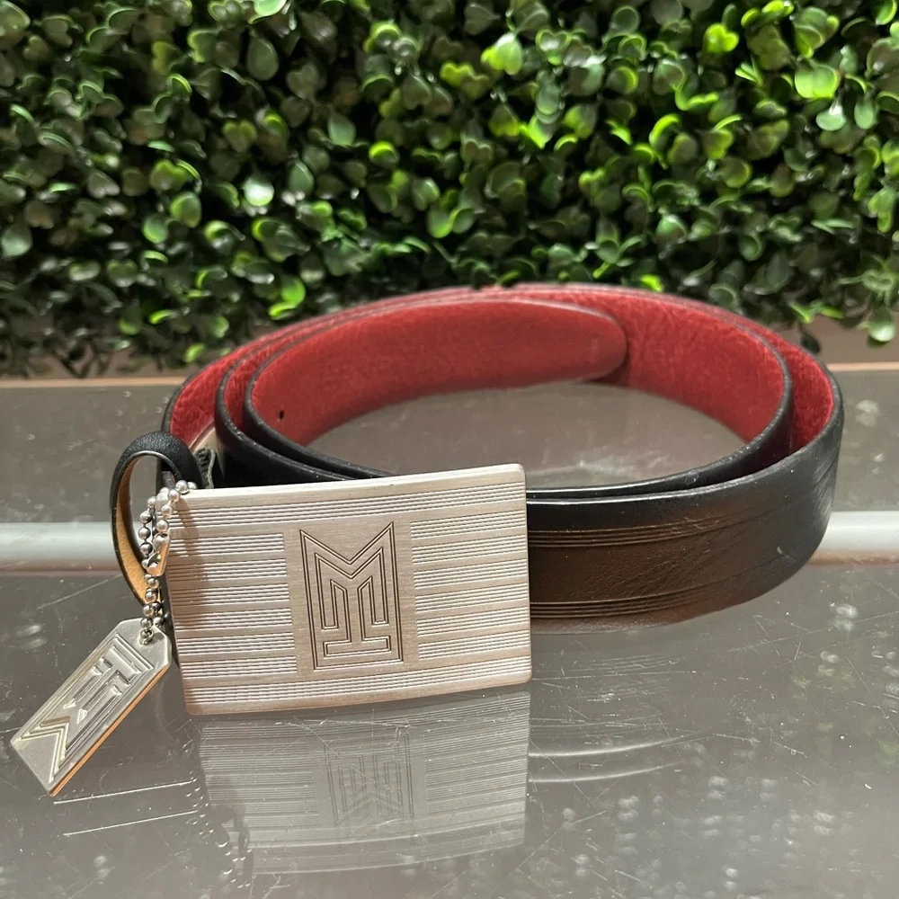 Chic Black and Red Leather Belt with Silver Buckle